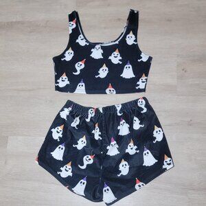 SHEIN Halloween Ghost Party 2 Piece Pajama Jounge Crop Top Shorts Set Large